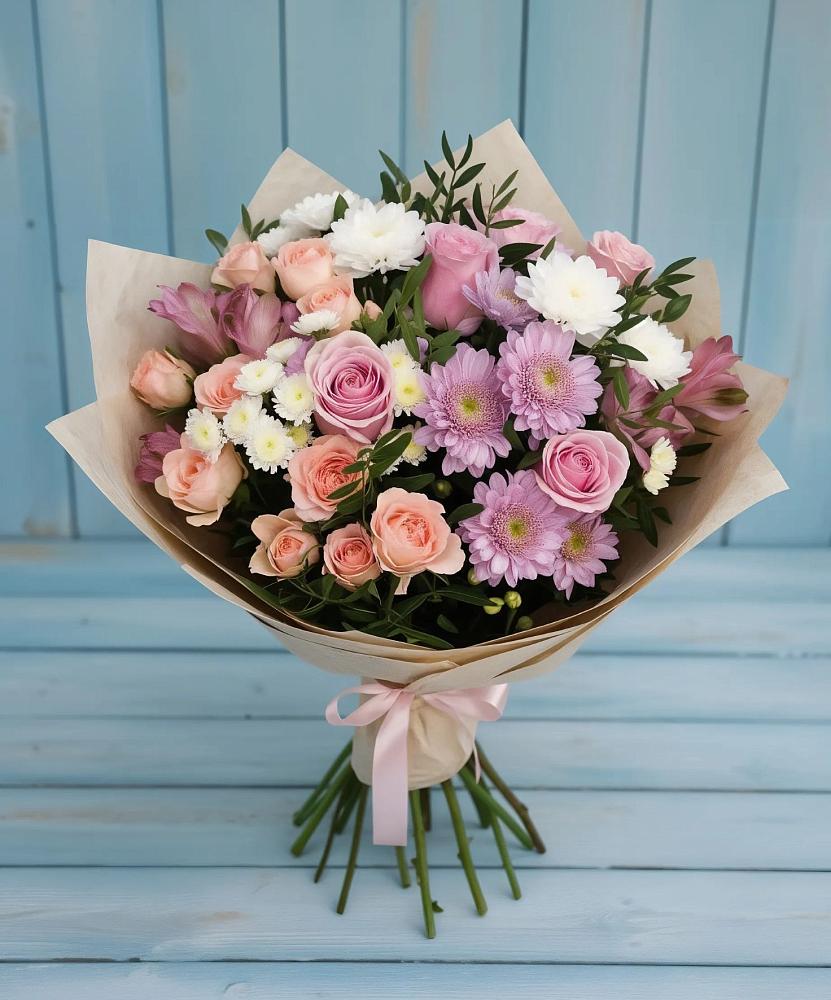 Букет цветов из: Хризантемы, Розы и Альстромерии в Бегичевский