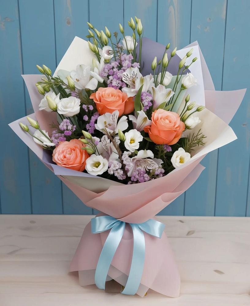 Букет цветов из: Лизиантусы, Розы, Альстромерии и Гипсофила в Бегичевский